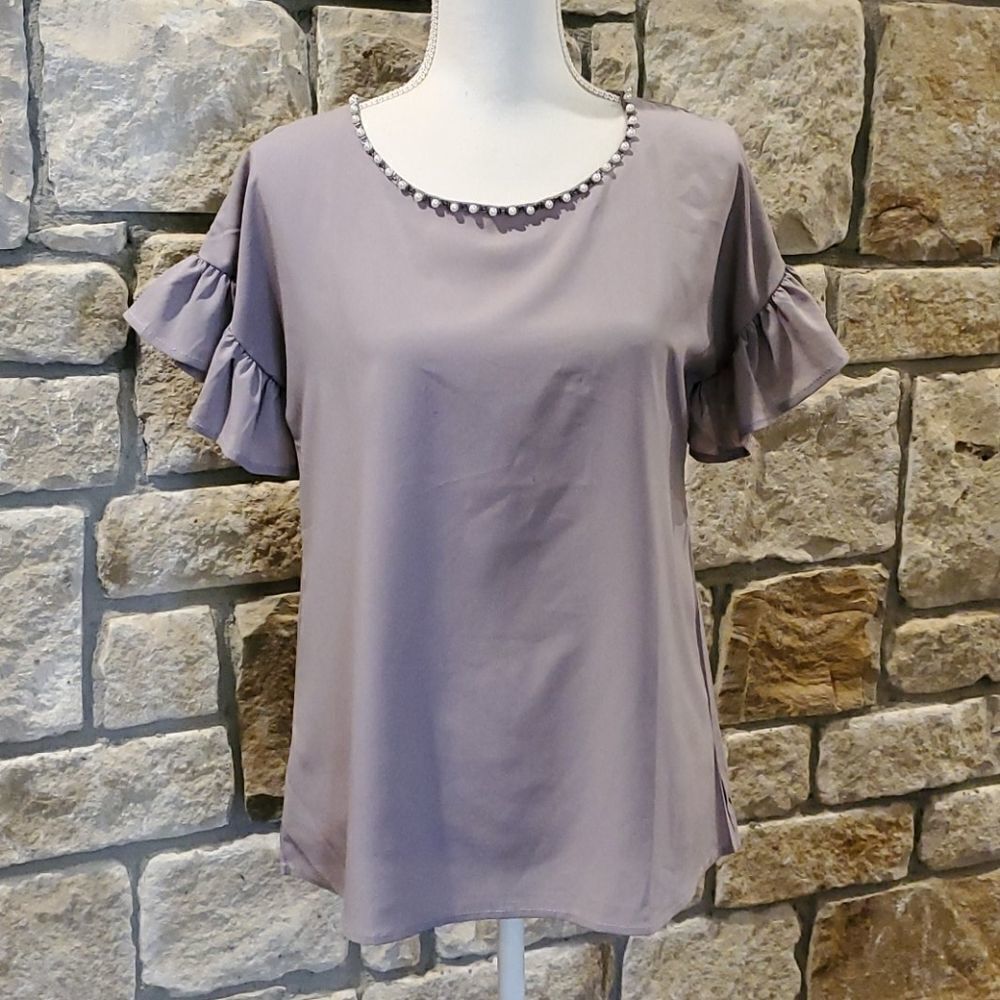 Ankorel Blouse Lavender Medium Top Ruffle Sleeve Pearl Trim